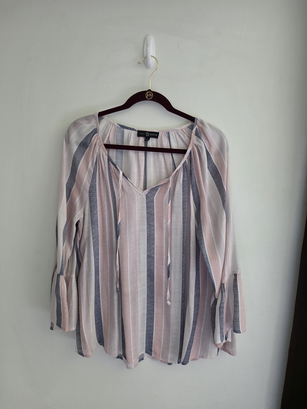Fred David Pink and Blue Striped Tie-Front Peasant Blouse